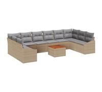 QJBSAVVA Set di divani da giardino in polyrattan, 11 pezzi, modulare con legno di acacia e cuscini, set da giardino e terrazza, per 10 persone, beige e grigio chiaro