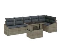 QJBSAVVA Set di divani da giardino in polyrattan, 7 pezzi, grigio, modulari, con tavolo e cuscini, per terrazza, balcone e giardino, larghezza totale 288,5 cm