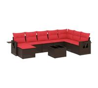 QJBSAVVA Set di divani da giardino in polyrattan, 9 pezzi, per giardino, terrazza e cortile, set di mobili modulari con tavolo, tavolino con molle a gas e cuscini, marrone e rosso