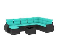 QJBSAVVA Set di divani da giardino in polyrattan nero, 9 pezzi, con cuscino, modulare per terrazza e giardino, con tavolino da caffè con ripiano in vetro e poggiapiedi