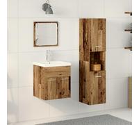 QJBSAVVA Set di Mobili da Bagno 3 Pezzi in Legno Invecchiato con Armadio Alto, Vanity e Specchio - Design Rustico, Salvaspazio per Interni, Marrone Rettangolare
