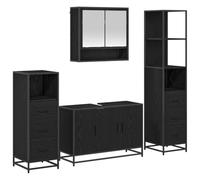 QJBSAVVA Set di mobili da bagno, 4 pezzi, colore nero, effetto rovere, set di mobili da bagno con mobiletto sottolavabo, armadietto a specchio, armadietto alto e armadietto, contenitore in legno