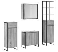 QJBSAVVA Set di mobili da bagno, 4 pezzi, moderno set di mobili da bagno con mobiletto per lavabo, armadietto a specchio e 2 armadi da bagno, in legno e acciaio, Sonoma grigio, set completo per il