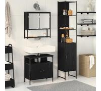 QJBSAVVA Set di Mobili da Bagno a 3 Pezzi in Legno Ingegnerizzato Nero con Specchio, Mobiletto Bagno Salvaspazio Moderno con 4 Ante e 9 Scaffali per Organizzazione Essenziale