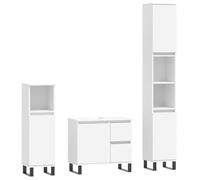 QJBSAVVA Set di mobili da bagno da 3 pezzi, bianco, moderno set di mobili da bagno in legno con gambe in ferro, con armadietto alto, armadietto e mobiletto sottolavabo per molto spazio