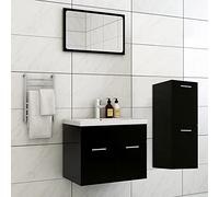 QJBSAVVA Set di Mobili da Bagno Salvaspazio con Lavabo Incorporato, Specchio e Armadio Basso - Mobiletto Bagno Nero in Legno Multistrato 3 Pezzi Design Moderno