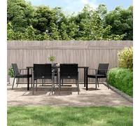 QJBSAVVA Set di mobili da giardino 200 x 100 cm, tavolo da pranzo con 6 sedie e cuscini grigio scuro, in polyrattan, acciaio nero, design moderno per balcone, terrazza e piccoli giardini