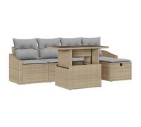QJBSAVVA Set di mobili da giardino, 6 pezzi, in polyrattan, con tavolo regolabile in altezza, colore beige, set composto da 2 posti, 2 poltrone e sgabelli, per giardino e terrazza