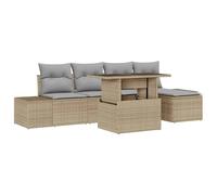 QJBSAVVA Set di mobili da giardino, 6 pezzi, modulare in polyrattan, con tavolo regolabile in altezza e cuscino per seduta, divano per esterni per terrazza e giardino, beige e grigio chiaro