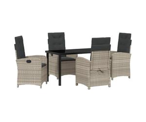QJBSAVVA Set di mobili da giardino con cuscini, 5 pezzi, in polyrattan, grigio chiaro, con tavolo in vetro e 4 sedie da giardino, moderno gruppo di sedute per terrazza, balcone e esterni