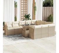 QJBSAVVA Set di mobili da giardino da 11 pezzi, beige, in polyrattan, con tavolo per giardino, terrazza, balcone, design moderno, robusto e durevole