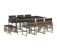QJBSAVVA Set di mobili da giardino da 11 pezzi con cuscini, in polyrattan, colore grigio, sistema a cubi salvaspazio, con tavolo in vetro, 6 sedie da giardino e 4 sgabelli, per terrazza e giardino