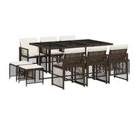 QJBSAVVA Set di mobili da giardino da 11 pezzi con cuscini, in polyrattan marrone, sistema a cubi salvaspazio, tavolo in vetro, 6 sedie da giardino e 4 sgabelli, per giardino, terrazza e balcone