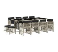 QJBSAVVA Set di mobili da giardino da 13 pezzi con cuscini, in polyrattan grigio chiaro, design a cubi, con tavolo in vetro, 8 sedie e 4 sgabelli, salvaspazio, per terrazza, balcone e giardino