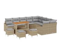 QJBSAVVA Set di mobili da giardino da 13 pezzi in polyrattan con vano portaoggetti, set modulare lounge per giardino e terrazza, include cuscini e tavolo in legno di acacia, beige e grigio chiaro