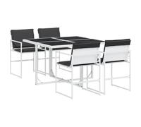 QJBSAVVA Set di mobili da giardino da 5 pezzi con cuscini, salvaspazio, sistema a cubi, colore bianco antracite, per terrazza, balcone, tavolo da pranzo con piano in vetro e 4 sedie
