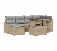 QJBSAVVA Set di mobili da giardino da 7 pezzi, in polyrattan con cuscini, gruppo di sedute per 6 persone, lounge da giardino modulare con tavolo e sgabello, per terrazza e giardino, beige