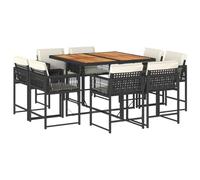 QJBSAVVA Set di mobili da giardino da 9 pezzi con cuscini, colore nero, in polyrattan, per giardino, terrazza, balcone, sistema a cubi salvaspazio con tavolo da pranzo in legno di acacia e 8 sedie con