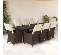 QJBSAVVA Set di mobili da giardino in polyrattan, 240 cm, 8 poltrone relax regolabili con cuscino crema, salvaspazio, colore marrone, per giardino, balcone, terrazzo