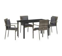 QJBSAVVA Set di mobili da giardino in polyrattan, 5 pezzi, grigio, set di mobili da giardino per 4 persone, con tavolo in vetro da 140 x 70 cm e 4 sedie da giardino con cuscini, per terrazza e esterni
