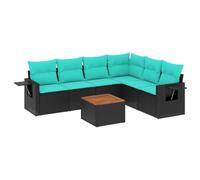 QJBSAVVA Set di mobili da giardino in polyrattan, 7 pezzi, modulare con cuscino da seduta, tavolino da caffè in legno di acacia e tavolino pieghevole per terrazza e giardino, nero e blu