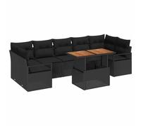 QJBSAVVA Set di mobili da giardino in polyrattan, 8 pezzi, con divano da giardino in legno di acacia e cuscini, modulare con spazio per riporre oggetti, per giardino, terrazza e balcone, nero e