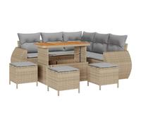 QJBSAVVA Set di mobili da giardino in polyrattan, 9 pezzi, con tavolo e cuscino regolabili in altezza, divano modulare da giardino ad angolo, sgabello per terrazza, balcone, beige