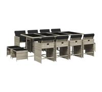 QJBSAVVA Set di mobili da giardino in polyrattan con cuscino, 13 pezzi, colore grigio chiaro, con design a cubi, tavolo da giardino con piano in vetro temperato, 8 poltrone da giardino e 4 sgabelli