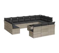 QJBSAVVA Set di mobili da giardino in polyrattan da 14 pezzi, con cuscini, grigio chiaro, set modulare per terrazza, divano in rattan, con tavolo in vetro e 13 cuscini