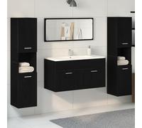 QJBSAVVA Set di Mobili per Bagno a 4 Pezzi in Legno Resistente Nero con Vanity e Specchio per Interni Salvaspazio Design Moderno