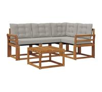 QJBSAVVA Set Divani da Esterno 5Pzi in Legno Acacia e Textilene Grigio | Salotto modulare per giardino e patio con tavolo a doghe e cuscini sfoderabili con cerniera per momenti di relax.