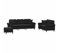 QJBSAVVA Set divano da 3 pezzi con cuscino in velluto nero, set divano a 2 posti e 3 posti con sgabello, elegante set divano per soggiorno, comodi mobili imbottiti con struttura in metallo