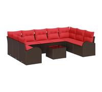 QJBSAVVA Set Divano da Giardino 10 Pezzi in Polyrattan Marrone e Rosso | Salotto modulare da esterno per terrazzo e patio con cuscini seduta e tavolino coordinato.