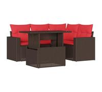 QJBSAVVA Set lounge da giardino in polyrattan, 5 pezzi, con tavolo e cuscino regolabili in altezza, divano da giardino e poltrona modulare per giardino, terrazza e cortile, marrone