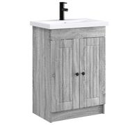 QJBSAVVA Set Mobile Bagno 2 Pezzi con Lavabo e Rubinetto Grigio Sonoma | Mobiletto salvaspazio per il bagno con vano a cerniera, ripiano interno solido e maniglie eleganti in metallo nero.