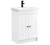 QJBSAVVA Set Mobile Bagno con Lavabo e Rubinetto Bianco Lucido 56x37,5cm | Struttura in legno ingegnerizzato con ampio vano interno a ripiano e manopole nere in metallo per il tuo bagno moderno.
