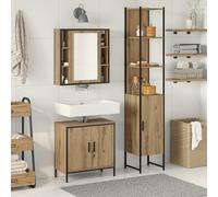QJBSAVVA Set Mobile Bagno Salvaspazio in Legno Ingegnerizzato Quercia Artigianale 33x33x185.5 cm Marrone Rettangolare 3 Pezzi con Specchio Design Moderno per Organizzazione Ottimale Bagno