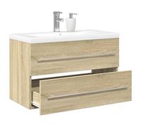 QJBSAVVA Set Mobile da Bagno 2 Pezzi con Armadietto Rovere Sonoma e Lavabo Ceramica Bianco, Salvaspazio Stretto per Ottimizzare il Bagno, Dimensioni 80x38.5x48 cm e 81x39.5x18.5 cm