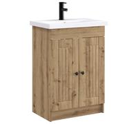 QJBSAVVA Set Mobile da Bagno 2 Pezzi con Lavabo e Rubinetto Rovere | Soluzione completa per il bagno moderno con ampio mobiletto multiuso in legno ingegnerizzato e dettagli in metallo nero.