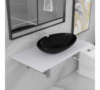QJBSAVVA Set Mobili Bagno 2 Pezzi con Mensola Parete e Lavabo Ovale Ceramica Bianco Nero Design Salvaspazio per Bagno Lavatoio Toeletta