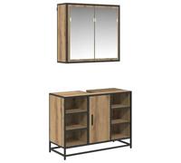 QJBSAVVA Set Mobili Bagno 2 pz Sospesi con Specchio Rovere Artigianale | Mobile sotto lavabo e pensile con specchio per bagno di servizio, finitura effetto legno e maniglie nere.