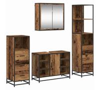 QJBSAVVA Set Mobili Bagno 4 Pezzi con Specchio e Cassetti Legno Vecchio | Soluzione salvaspazio in legno ingegnerizzato per organizzare al meglio il bagno e la lavanderia con stile moderno.