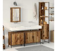 QJBSAVVA Set Mobili Bagno 4 Pezzi Legno Antico con Specchio, Mobile Bagno Salvaspazio Armadio Basso Rettangolare Multiuso, Design Rustico per Organizzazione Interni