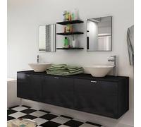 QJBSAVVA Set Mobili da Bagno 10 Pezzi Salvaspazio con Mobile a Parete Nero Multistrato, 3 Cassetti, 2 Specchi, 3 Scaffali, 2 Lavabi Bianchi Ceramica e 2 Rubinetti Cromati per Ottimizzazione Spazio