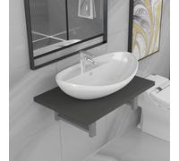 QJBSAVVA Set Mobili da Bagno 2 Pezzi con Scaffale a Muro Grigio e Lavabo Ovale in Ceramica Bianca, Soluzione Salvaspazio Compatta per Bagno Lavatoio Toeletta Montaggio a Parete