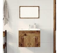 QJBSAVVA Set Mobili da Bagno 2 Pezzi in Legno Antico con Specchio, Mobiletto Bagno Salvaspazio 60x38.5x46 cm e Specchio 60x37 cm, Armadio Basso Multiuso per Sottolavabo, Materiale Resistente
