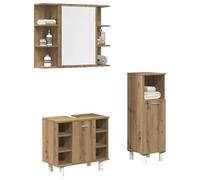 QJBSAVVA Set Mobili da Bagno 3 Pezzi in Legno Multistrato Rovere Artigianale con Mobile a Specchio, Salvaspazio, Mobiletto Sottolavabo e Armadio Basso per Organizzazione Bagno