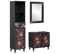 QJBSAVVA Set Mobili da Bagno 3 Pezzi Legno Massello di Mango | Arreda il bagno con stile: set 3 pezzi con incisioni floreali artistiche e pomelli metallici per un tocco elegante.