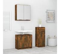 QJBSAVVA Set Mobili da Bagno 3 Pezzi Rovere Fumo in Legno Multistrato con Specchio, Mobile Bagno Salvaspazio Completo Armadio Autoportante e Pavimento, Design Elegante