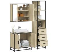 QJBSAVVA Set Mobili da Bagno 3 Pezzi Rovere Sonoma in Legno Multistrato con Specchio, Mobile Lavabo e Armadietto Salvaspazio per Ottimizzazione Spazio